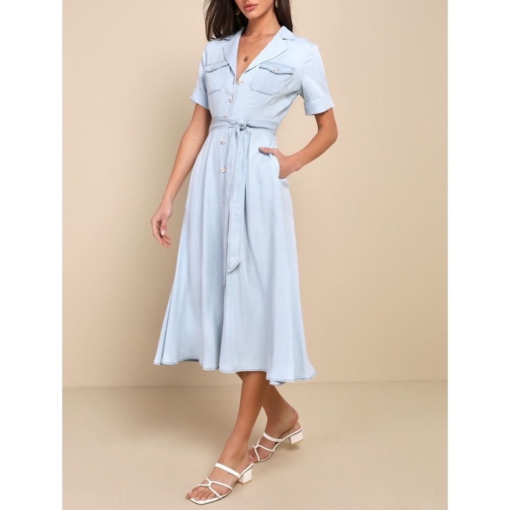 NWT Lulus Pleasant Cutie Blue‎ Chambray Collared Midi Dress With Pockets XS